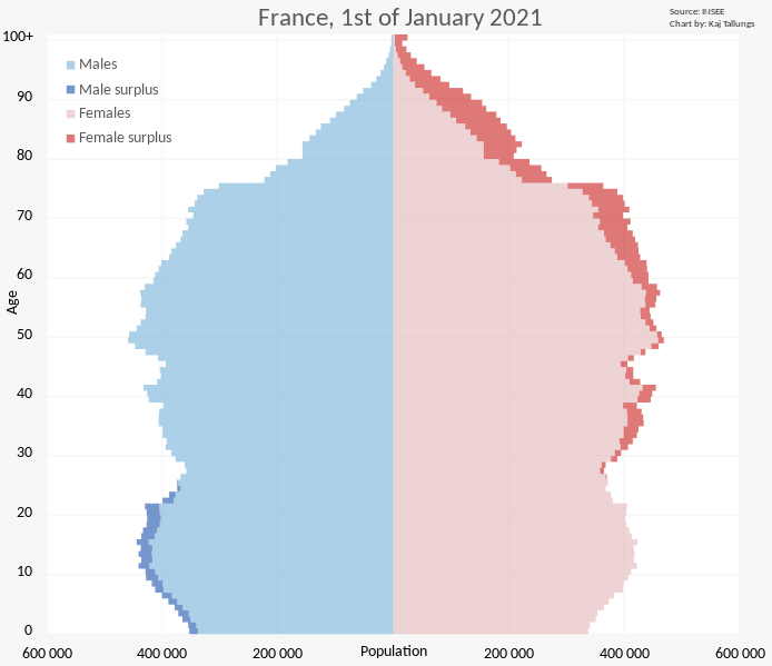 Characteristic aging population pyramid of France