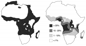 map showing distribution of malaria (left) and sickle-cell trait (right)