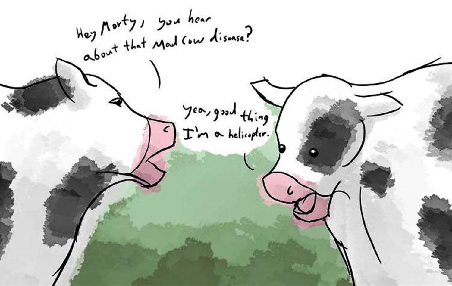 cartoon to show the symptoms of Mad cow disease caused by a prion pathogen